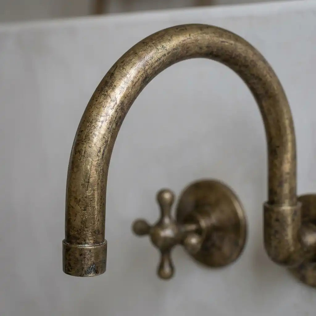 Vintage Antique Brass Wall Mount Faucet - Solid Brass Cross Handle Bathroom Sink TapTraditional Wall Mounted Brass Faucet with Cross Handles