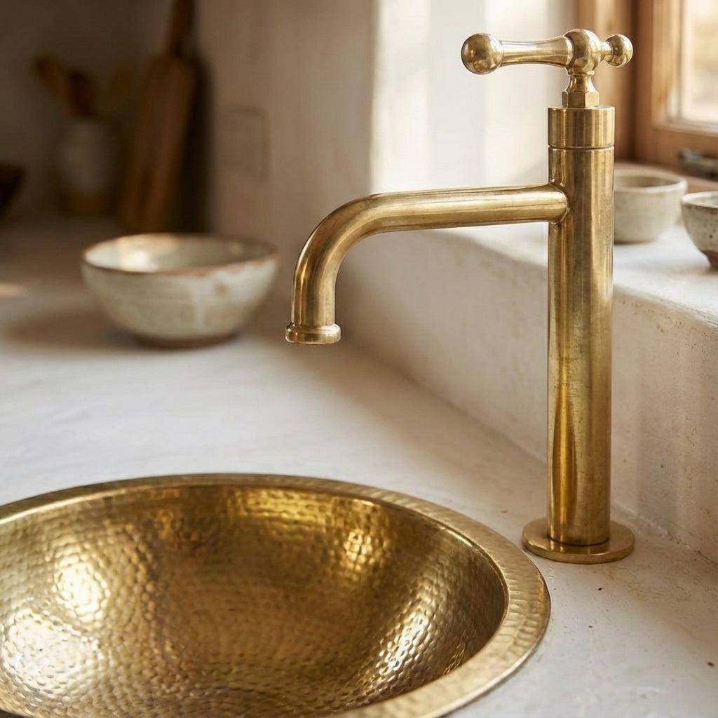 Victorian Style Brass Bathroom Faucet – Unlacquered Solid Brass Sink Tap - Zayian