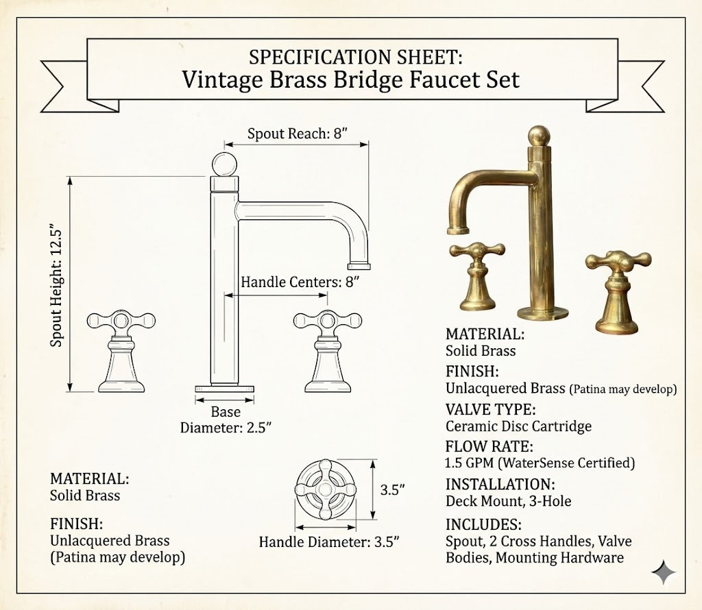 Widespread unlacquered brass bathroom faucet specification sheet