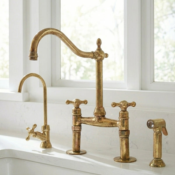 Traditional Unlacquered Brass Bridge Kitchen Faucet With SprayerTraditional Unlacquered Brass Bridge Kitchen Faucet With Sprayer 