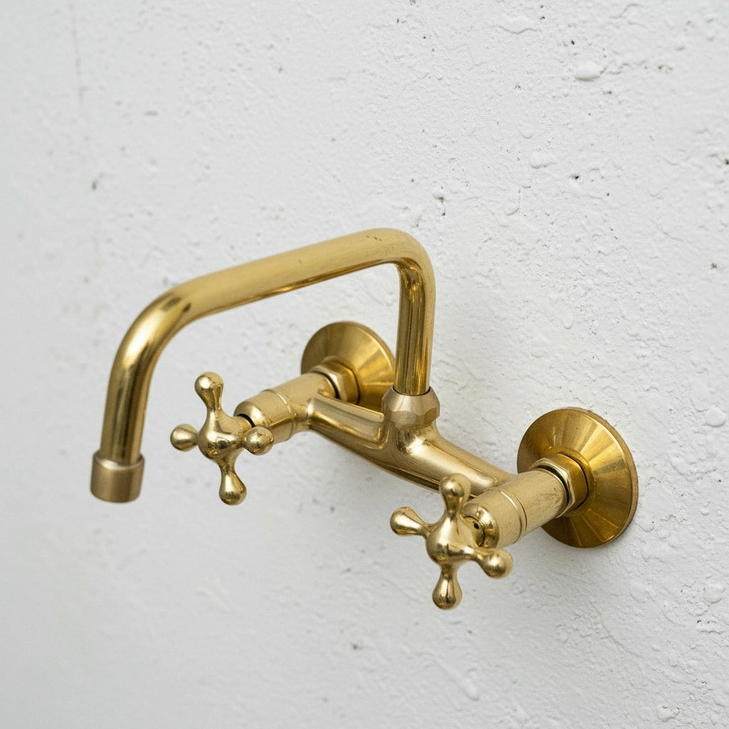 Unlacquered Brass Wall Mount Kitchen Faucet – Vintage Farmhouse Sink Tap with Cross Handles