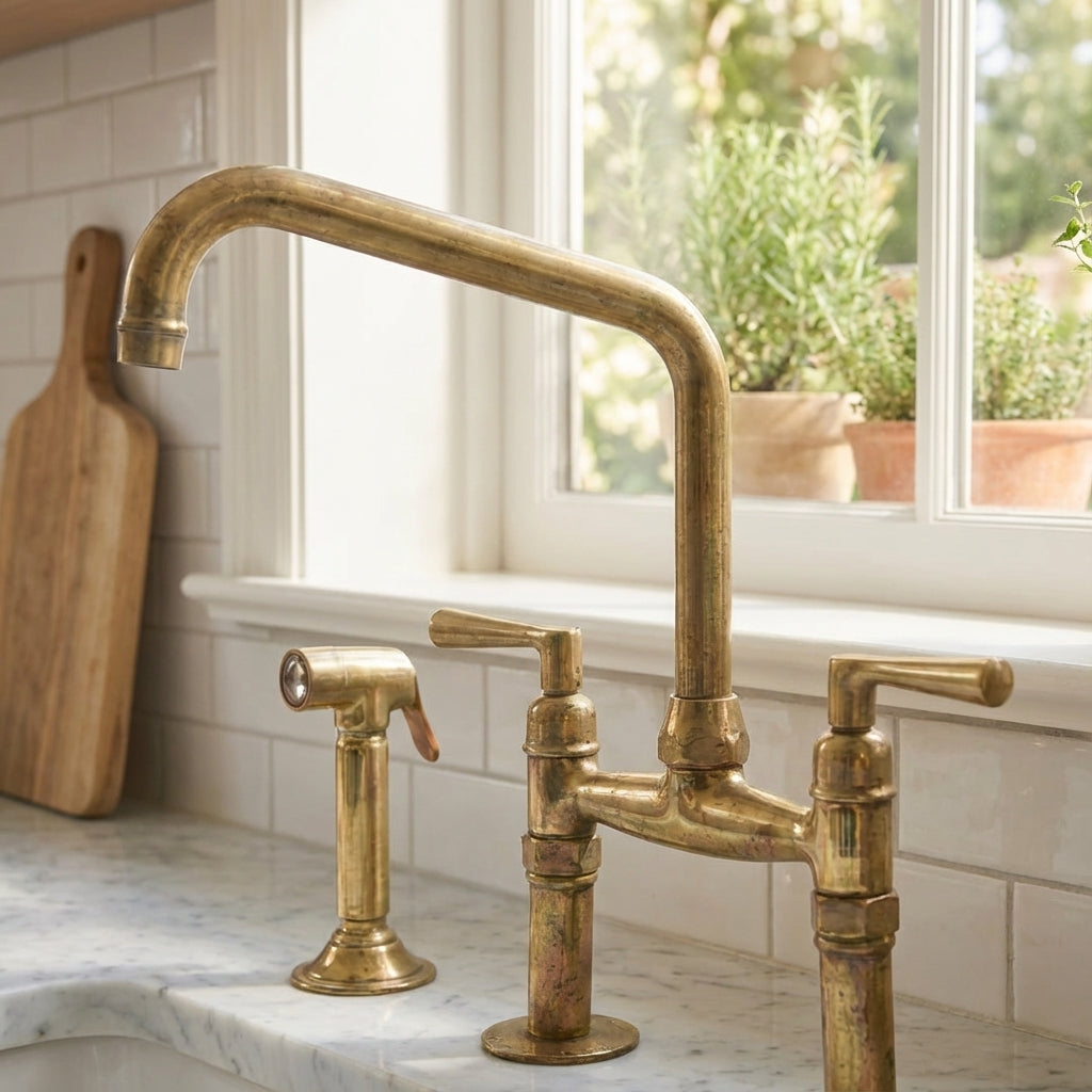 Unlacquered brass high arc bridge kitchen faucet with lever handles and side sprayer