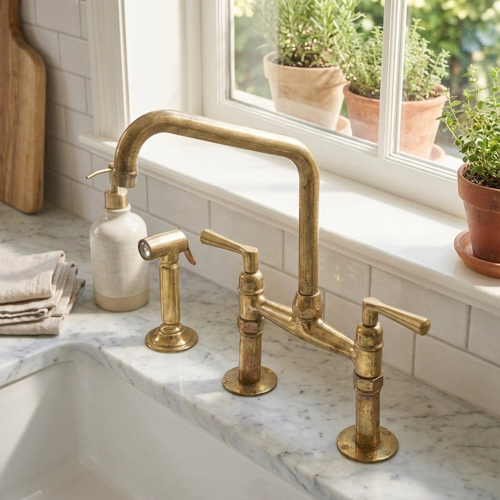 Vintage unlacquered brass bridge faucet installed beside farmhouse sink