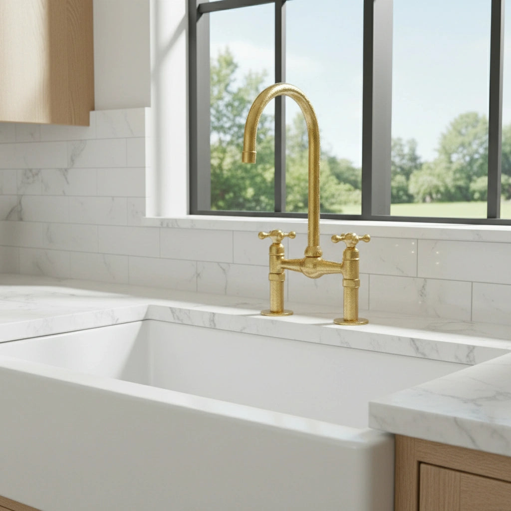 Unlacquered Brass Bridge Kitchen Faucet With Ball Center