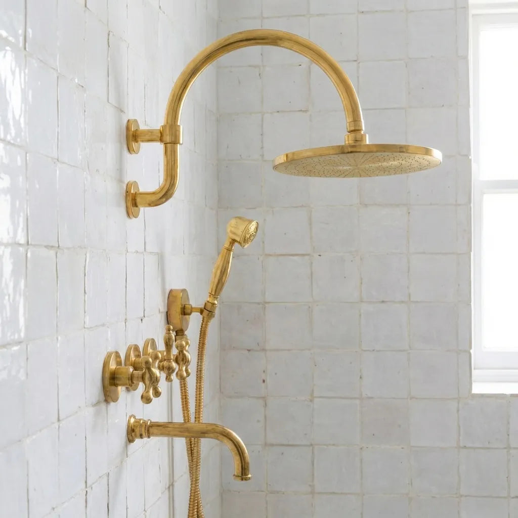 unlacquered brass shower system, brass rain shower wall mounted, solid brass shower set, rainfall shower with handheld spray, vintage brass shower, raw brass shower fixture, luxury brass bathroom fixtures, wall mounted brass shower, patina brass shower system, handmade brass shower set,