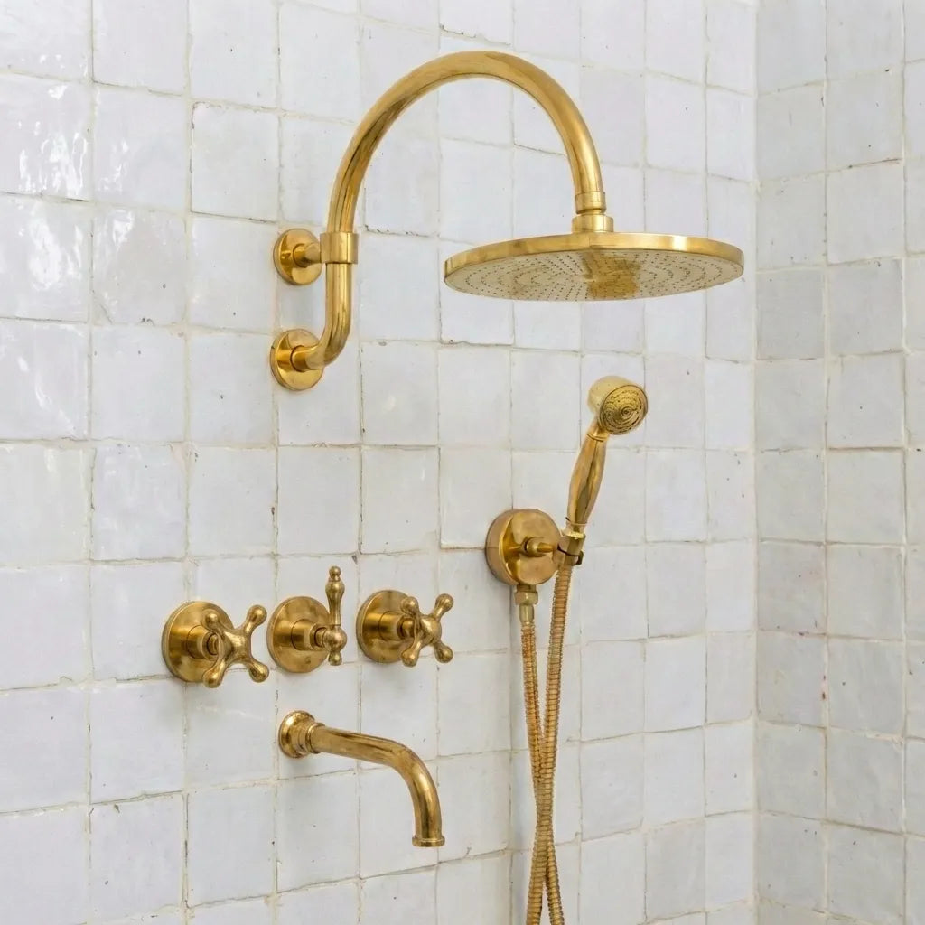 unlacquered brass shower system, brass rain shower wall mounted, solid brass shower set, rainfall shower with handheld spray, vintage brass shower, raw brass shower fixture, luxury brass bathroom fixtures, wall mounted brass shower, patina brass shower system, handmade brass shower set, classic brass shower hardware, high end brass shower, exposed brass shower system, traditional brass shower, premium rain shower brass