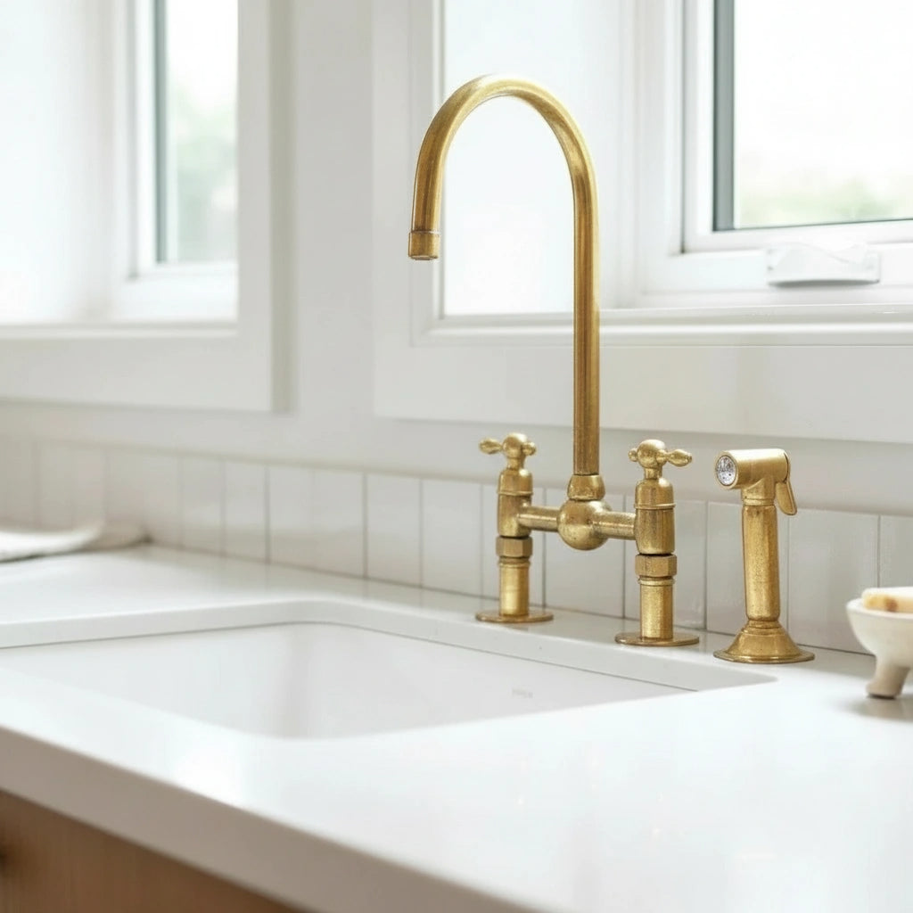 Solid Brass Bridge Kitchen Faucet – Farmhouse Sink Tap with Cross Handles & Side Sprayer