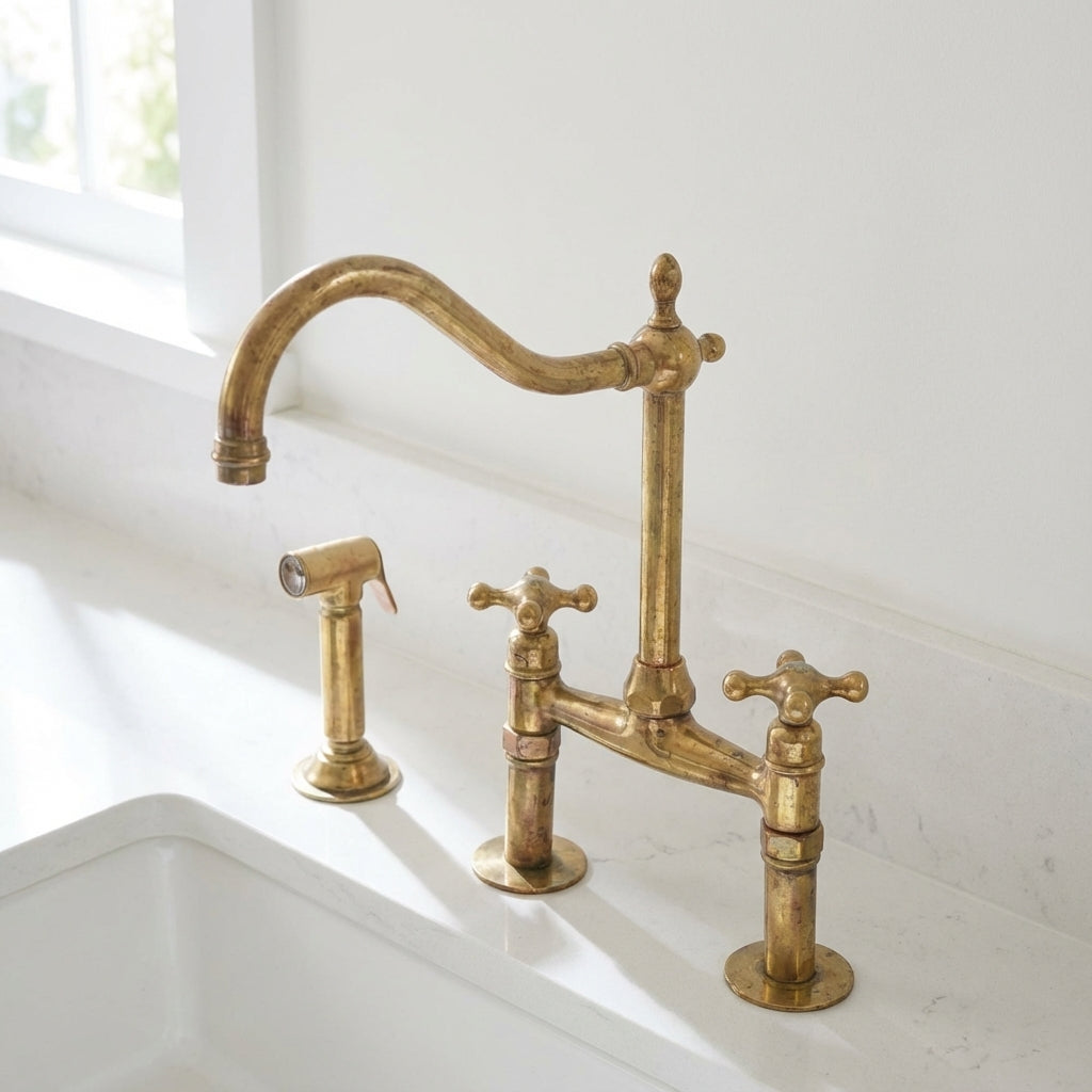 Traditional Unlacquered Brass Bridge Kitchen Faucet With Sprayer - Zayian