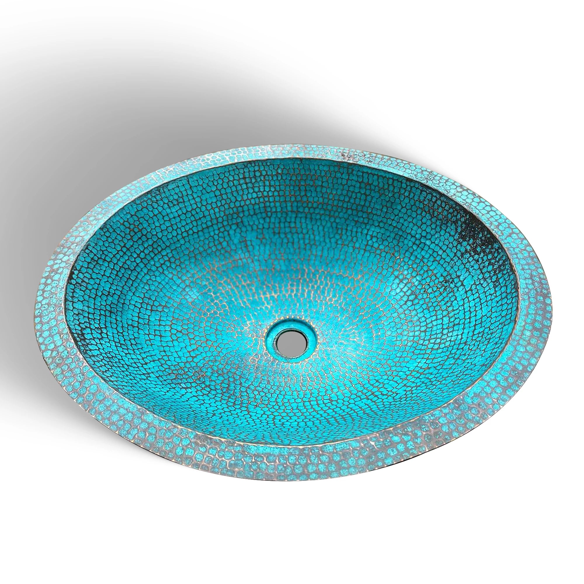 Turquoise Hammered Copper Sink – Oval Drop-In Bathroom Vanity Basin