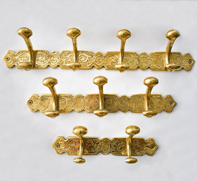 Engraved Brass Wall Hooks - Handmade Unlacquered Coat Rack Vintage HangerHandmade Engraved Brass Wall Hooks - Unlacquered Vintage Coat Rack