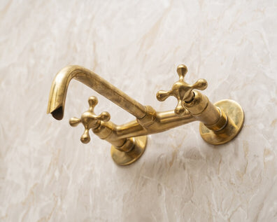 Handcrafted Unlacquered Brass Wall Mounted Tub Filler With Cross HandlesHandcrafted Unlacquered Brass Wall Mounted Tub Filler