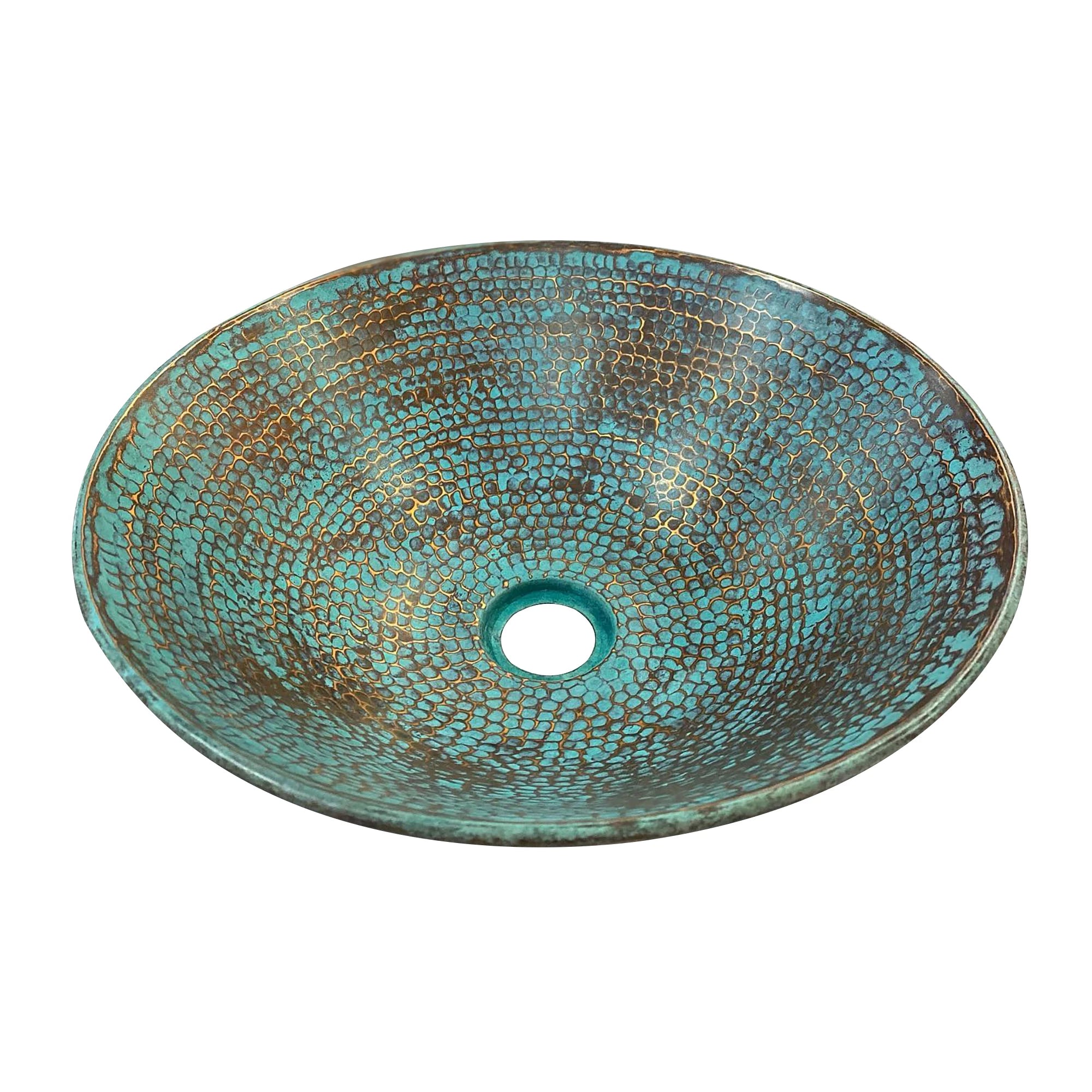 Handmade Green Patina Copper Sink – Round Drop-In Vessel Bathroom Basin