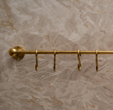 Unlacquered Brass Kitchen Rail - Handmade Wall Mounted Pot Rack with HooksHandmade Unlacquered Brass Kitchen Rail - Wall Mounted Pot Rack with Hooks