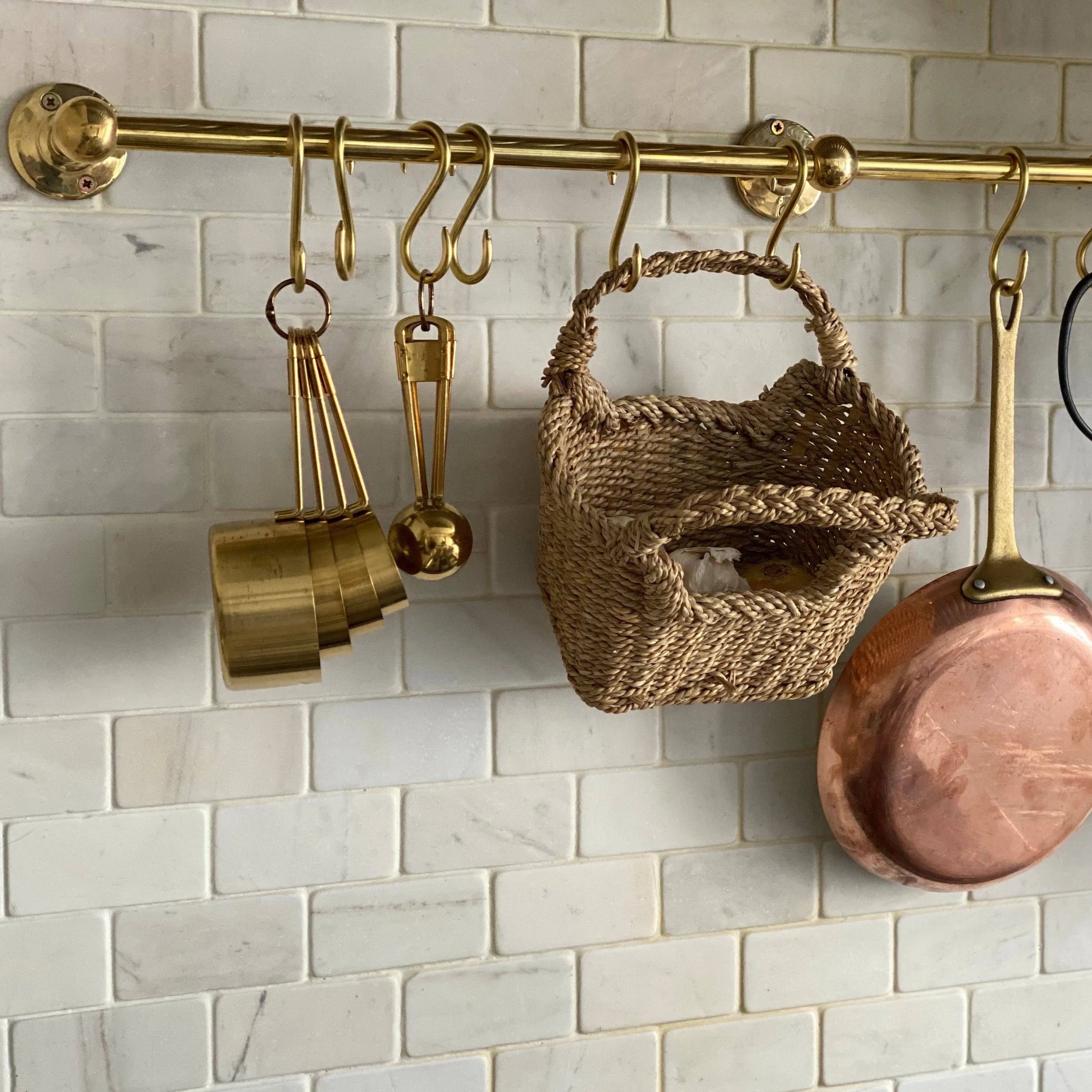 Unlacquered Brass Kitchen Rail – Handmade Wall Mounted Pot Rack with Hooks