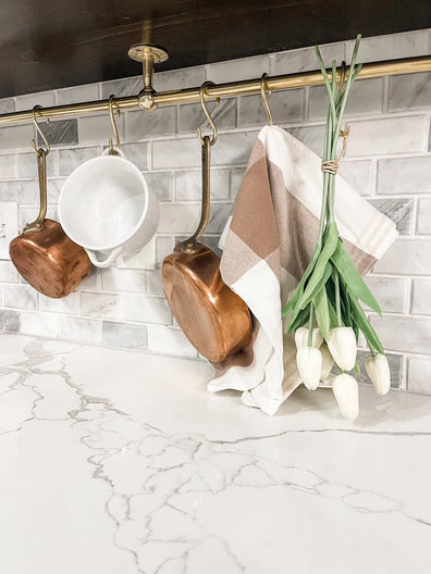 Unlacquered Brass Kitchen Rail - Handmade Wall Mounted Pot Rack with HooksHandmade Unlacquered Brass Kitchen Rail - Wall Mounted Pot Rack with Hooks
