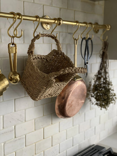 Unlacquered Brass Kitchen Rail - Handmade Wall Mounted Pot Rack with HooksHandmade Unlacquered Brass Kitchen Rail - Wall Mounted Pot Rack with Hooks