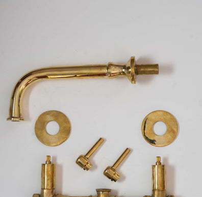 Unlacquered Brass Wall Mount Bathroom Faucet with Lever Handles - Handmade Solid Brass Sink TapUnlacquered Brass Wall Mount Bathroom Faucet with Lever Handles - Handmade Solid Brass Sink Tap