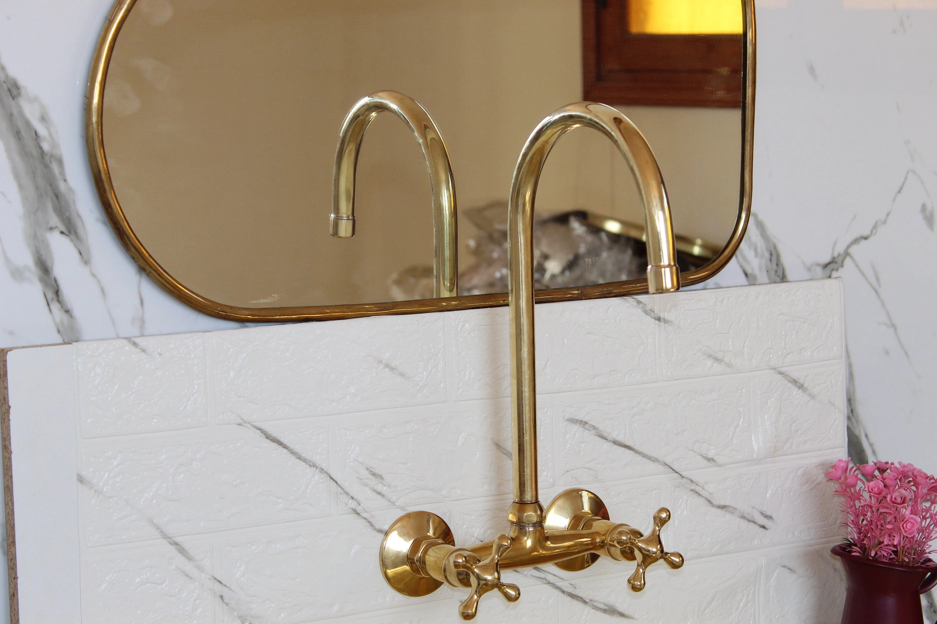 Unlacquered Brass Wall Mount Kitchen Faucet – Vintage Sink Tap with Cross Handles
