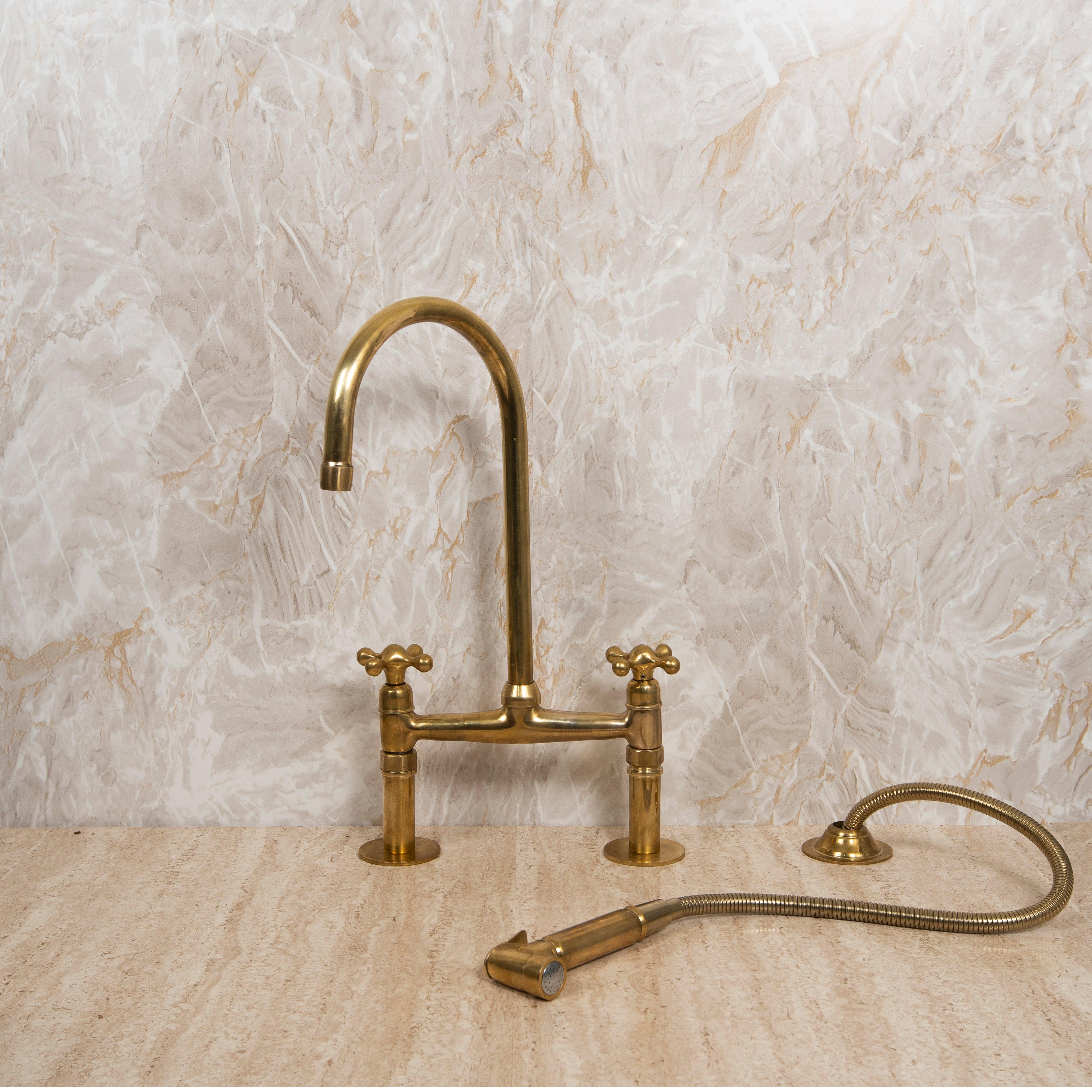 Unlacquered Brass Bridge Kitchen Faucet with Sprayer Zayian