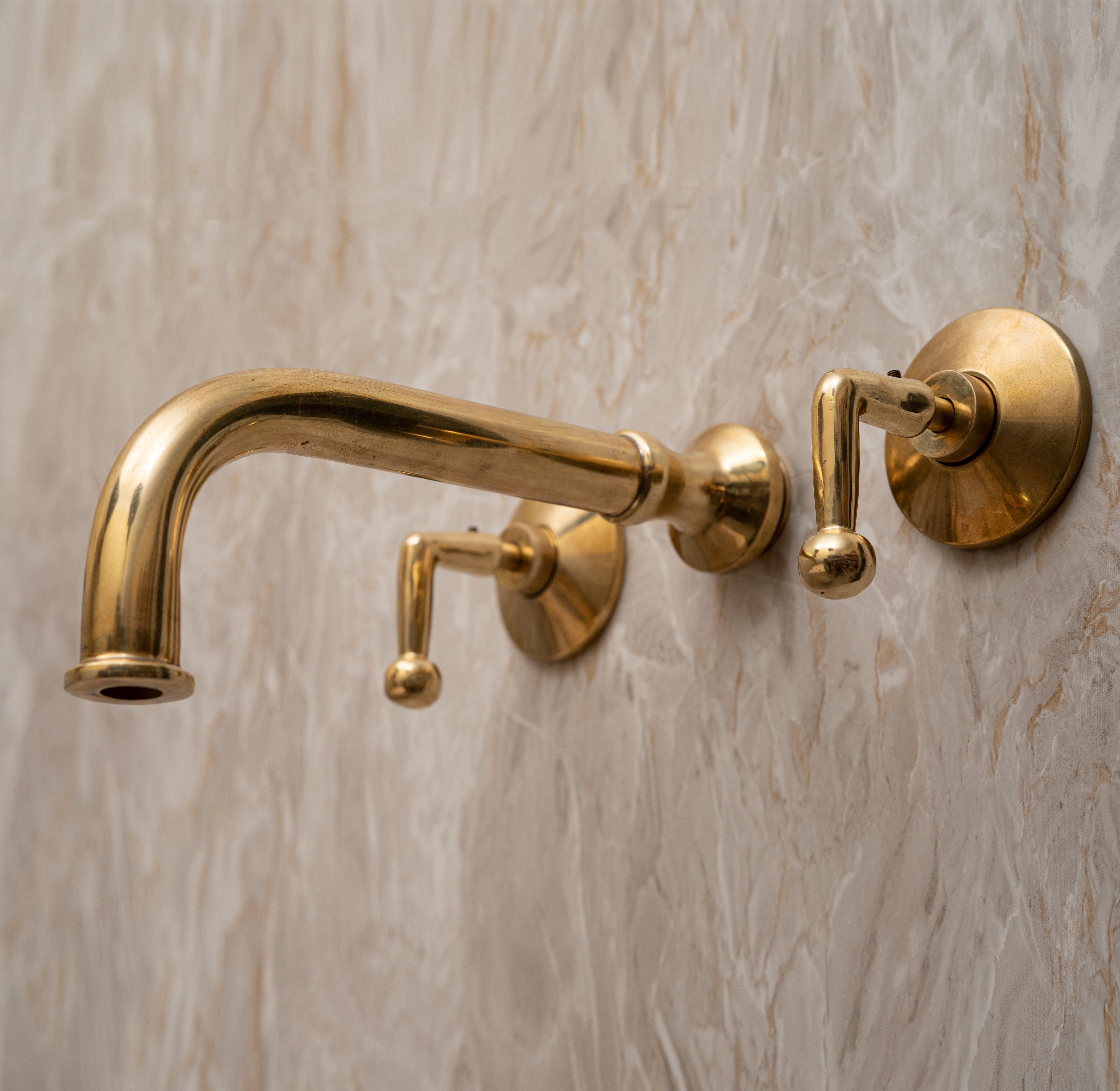 Unlacquered Brass Wall Mount Bathroom Faucet with Double Lever Handle and Rough-in Valve Zayian