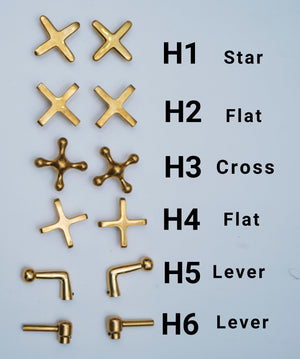 Unlacquered brass faucet handle options including star, flat, cross and lever styles
