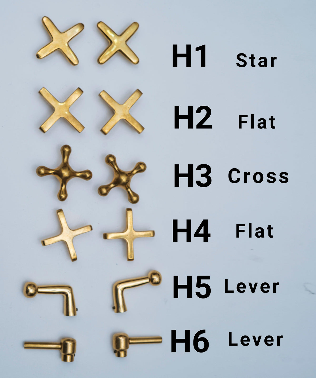 Brass wall-mounted bathroom faucet handle options including cross, flat and lever designs