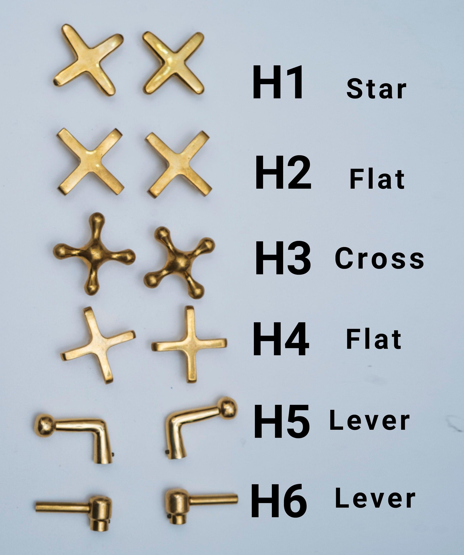 Brass faucet handle style options including star, flat, cross and lever designs