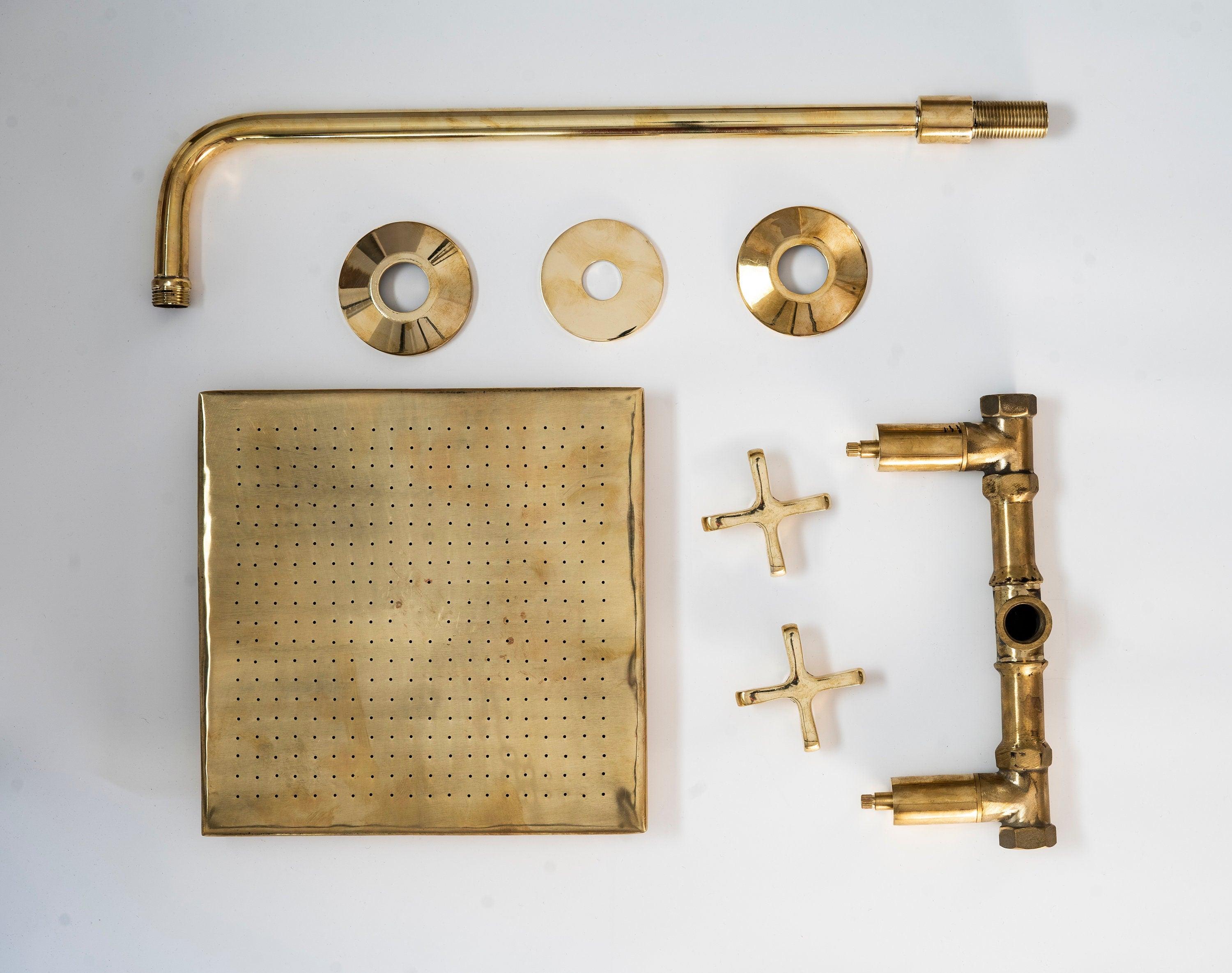 Complete unlacquered brass square shower system components with rain head, arm, valve and cross handles