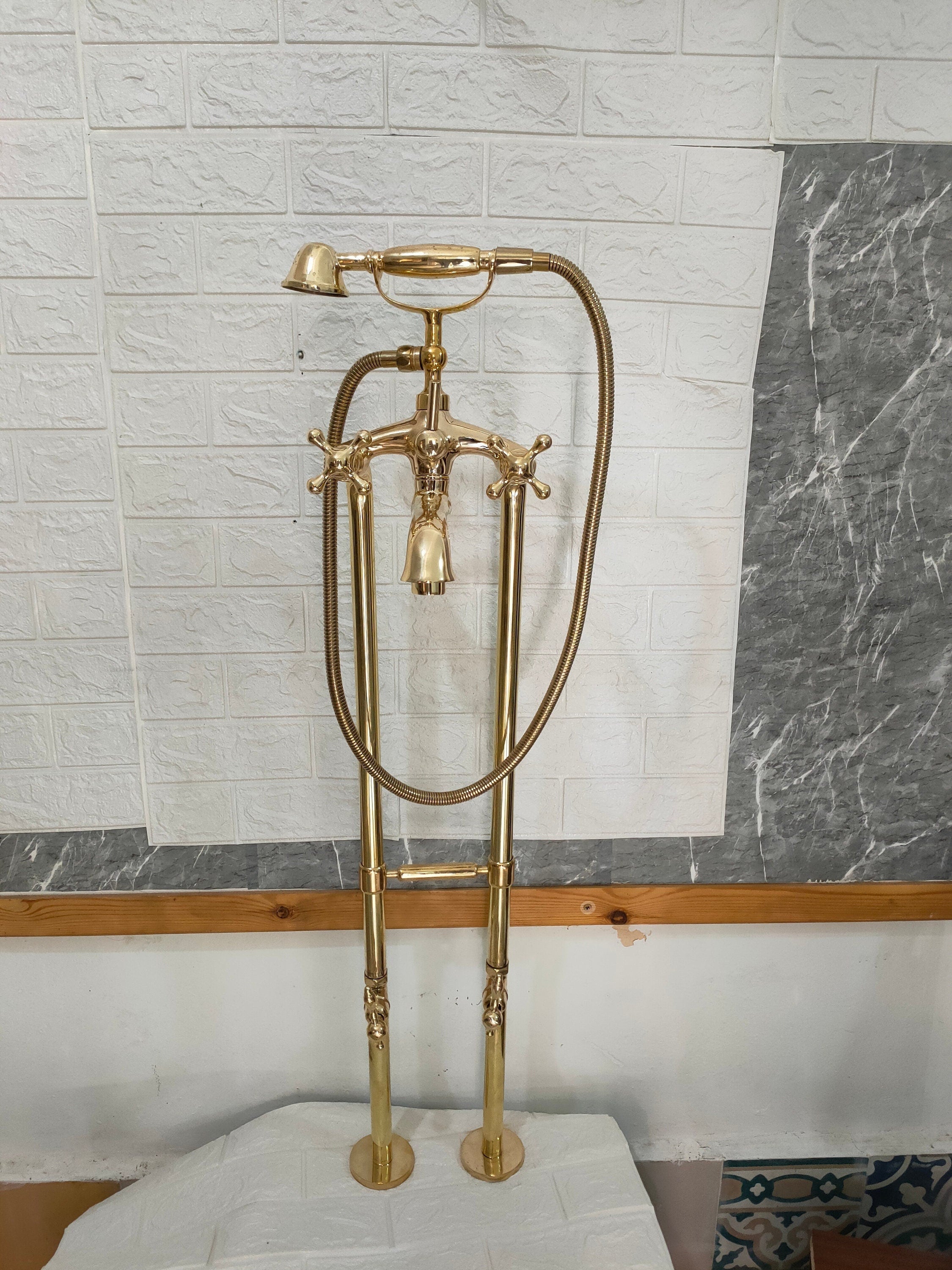 Unlaquered Brass Freestanding Antique Style Tub Filler Faucet Zayian