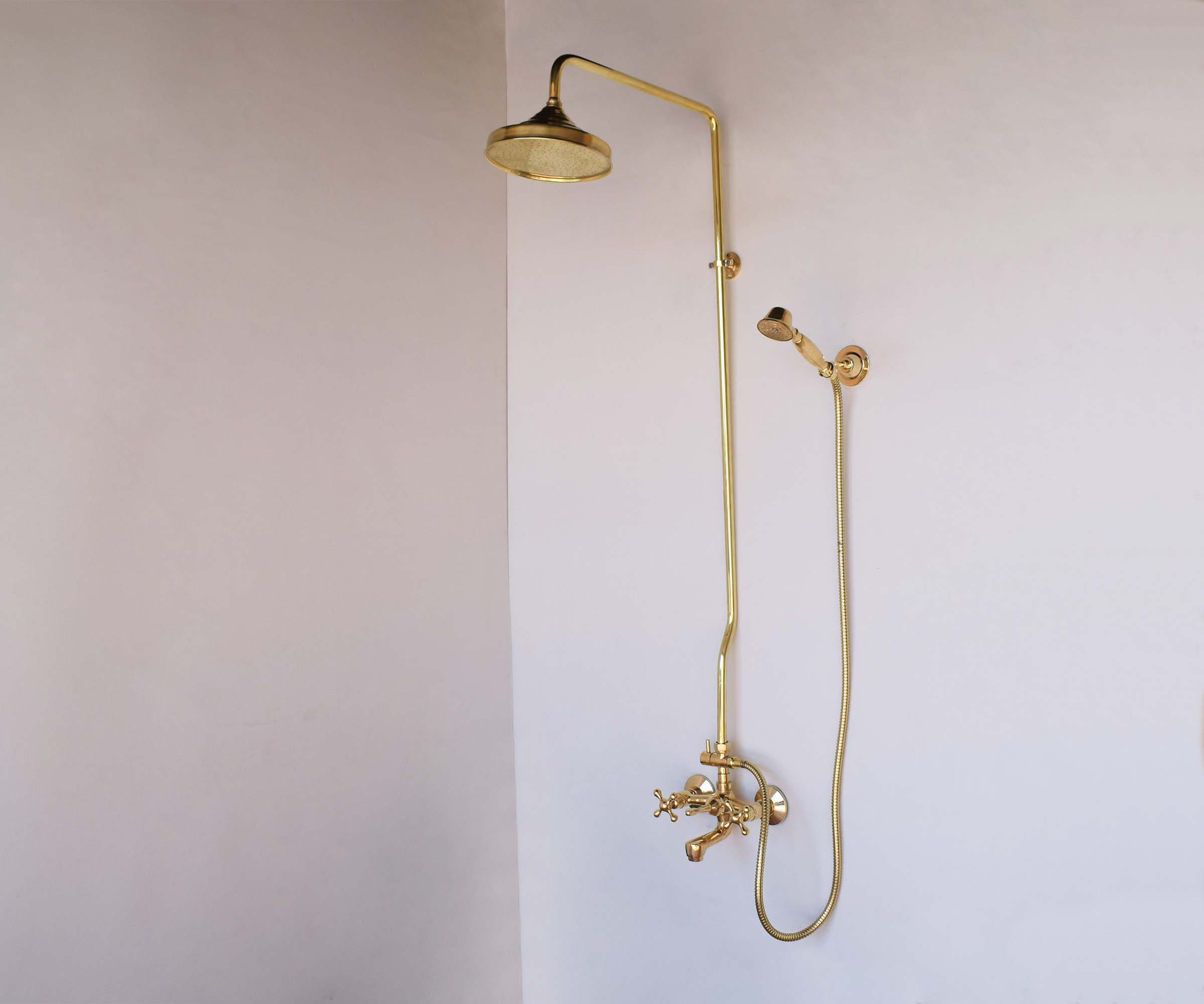 Unlacquered Brass Exposed shower system with tub spout and Handheld Shower and Rain Shower Head - Zayian