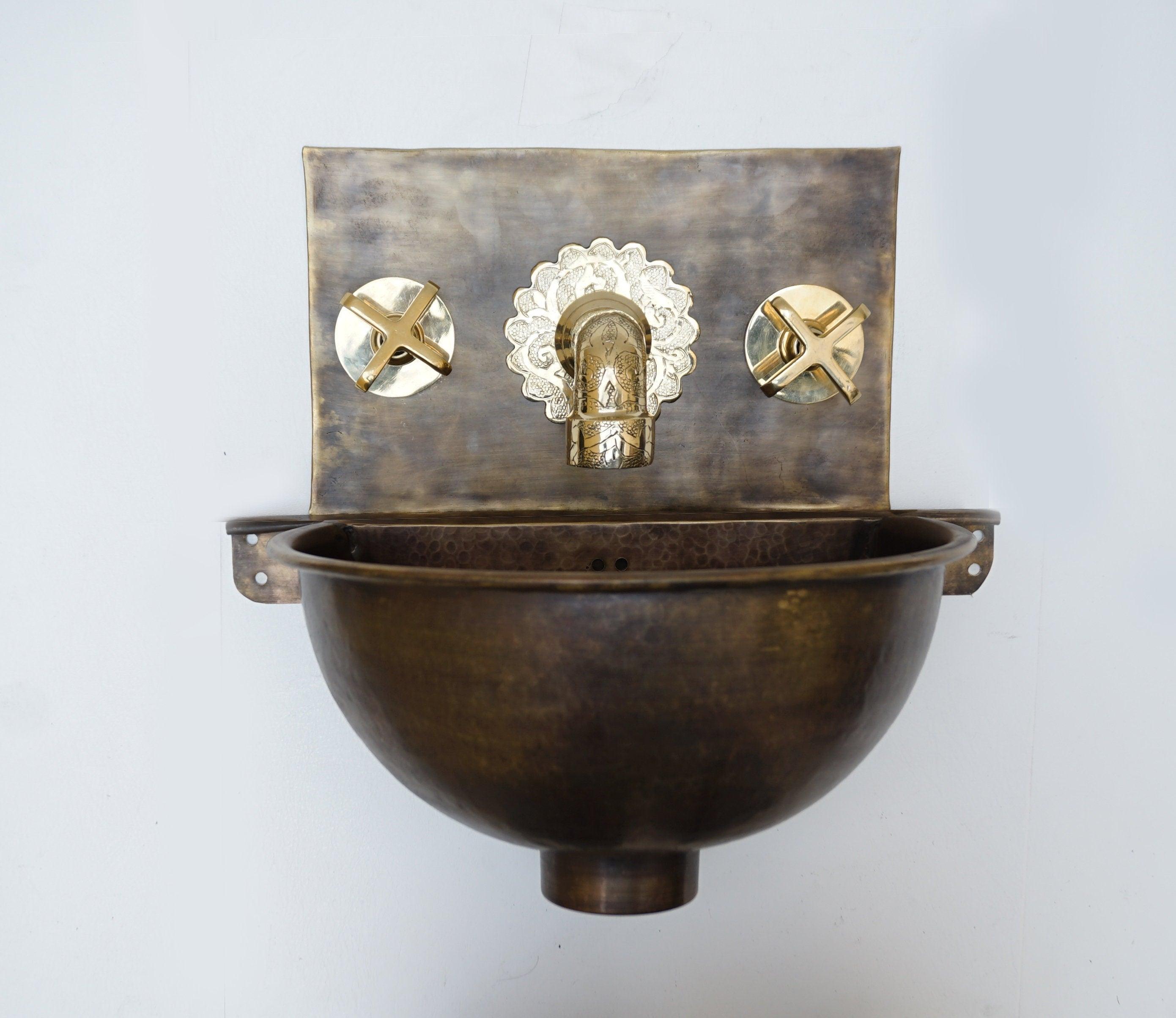 Antique Hammered Brass Patina Wall Mount Sink With Solid Brass Faucet Zayian