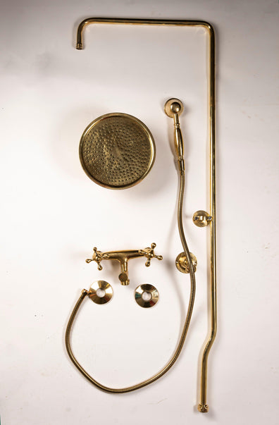 Complete unlacquered brass exposed shower system components with round rain head and hand shower