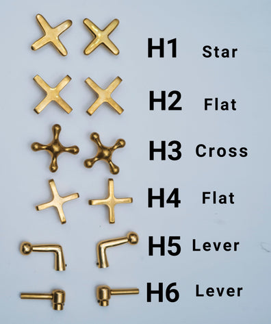 Unlacquered brass faucet handle selection chart with star, flat, cross and lever styles