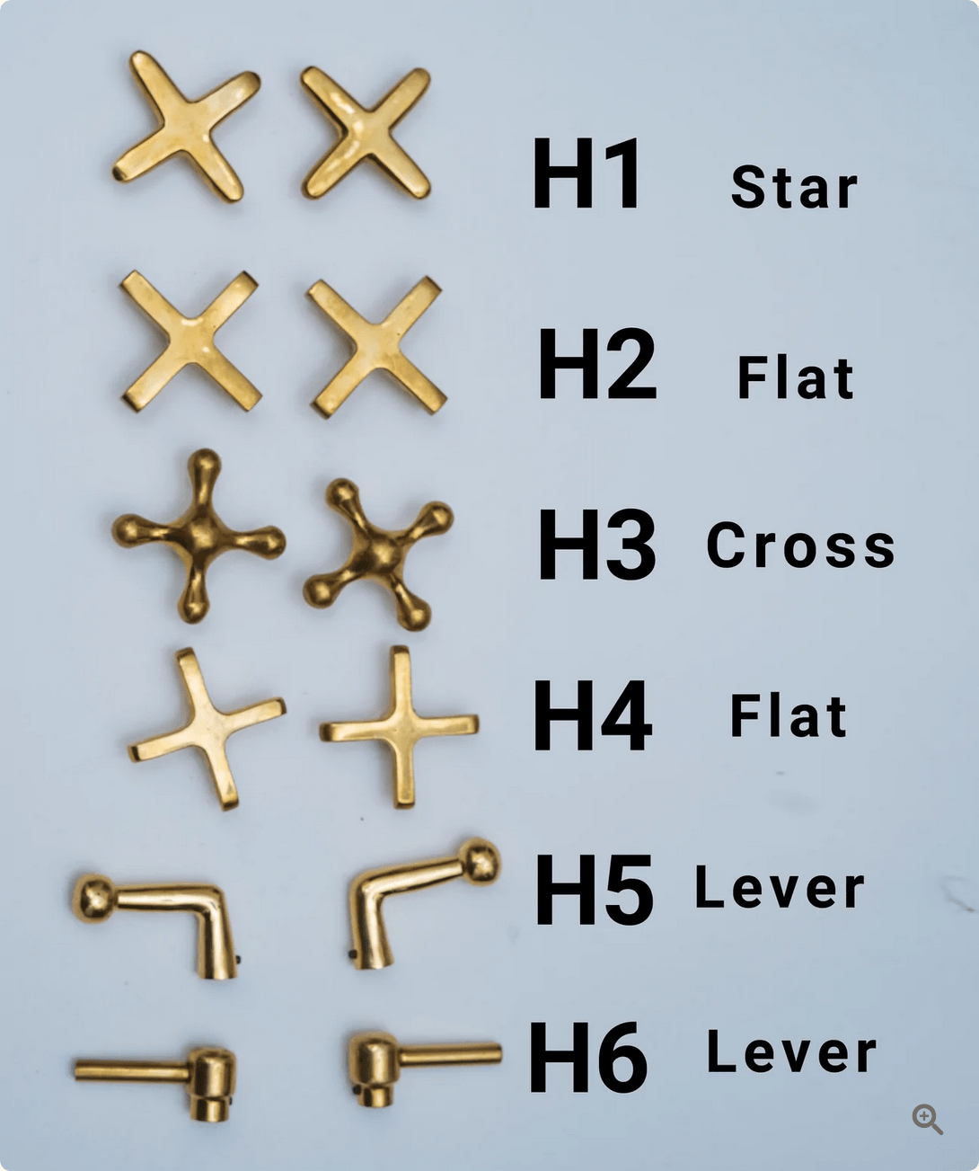 Unlacquered brass shower handle options with star, flat, cross and lever styles
