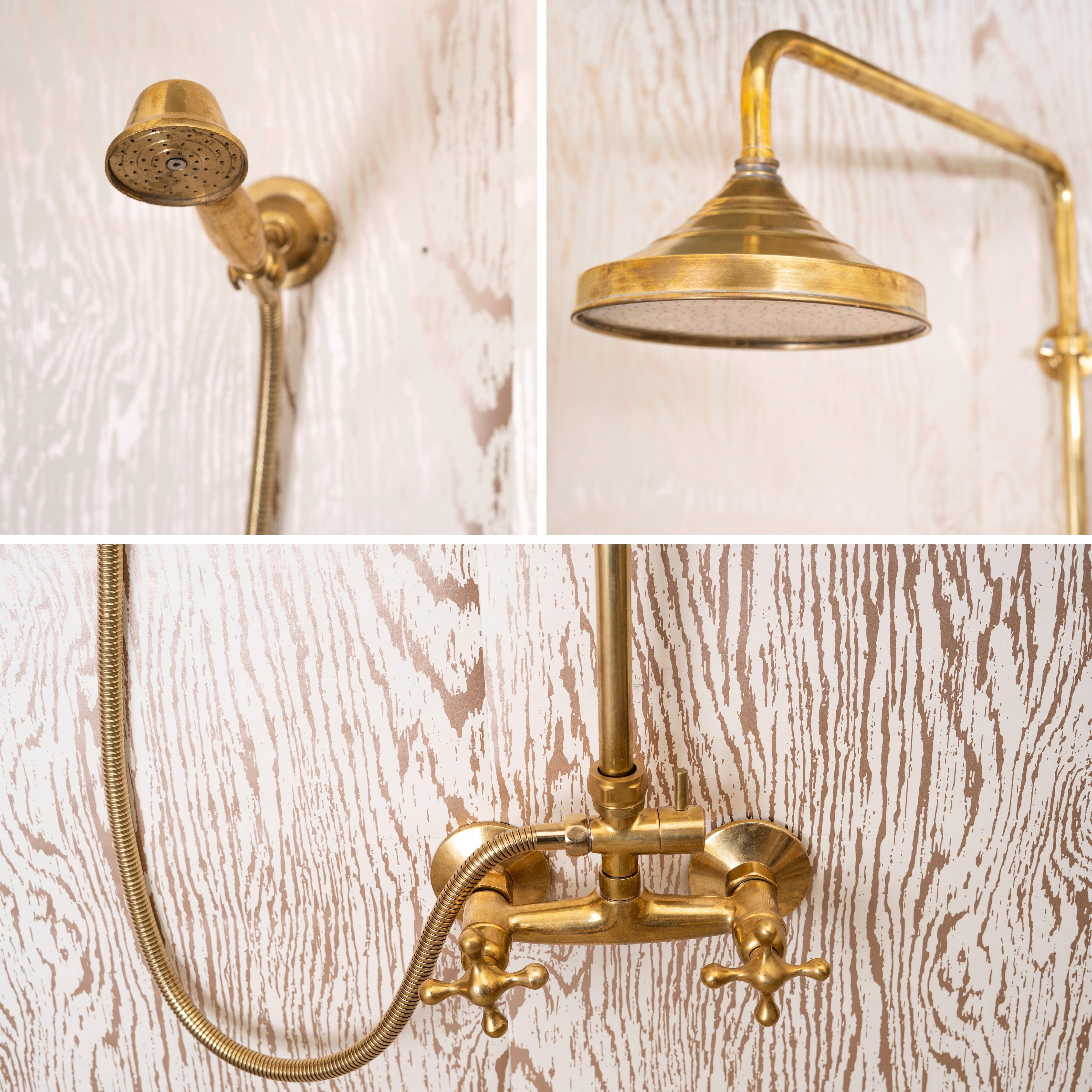 Unlacquered brass shower system showing round rain head, hand shower and exposed mixer details