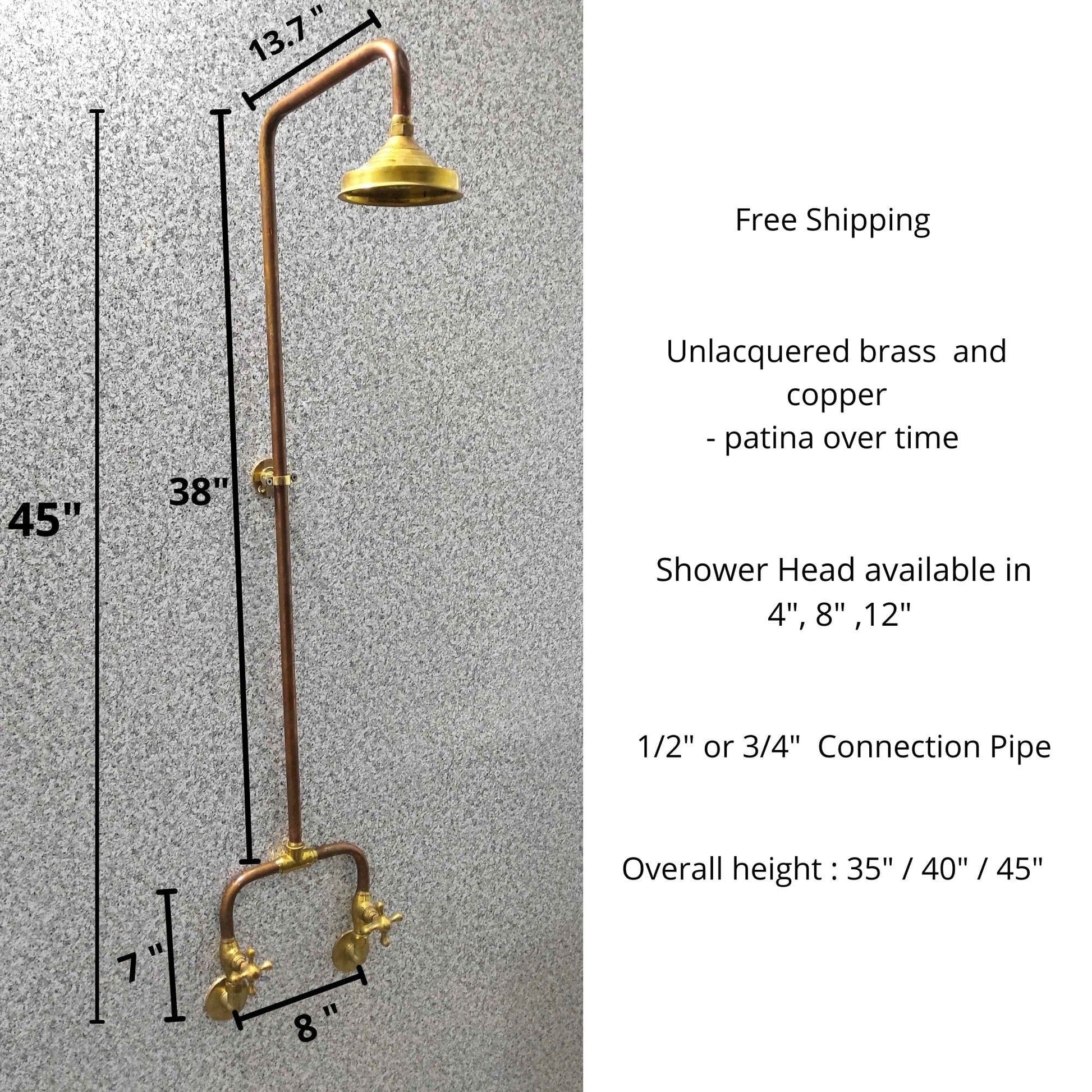 Handcrafted Copper Rainfall Outdoor Shower System with Dual Handle Valves - Wall Mounted Rustic Luxury Garden Shower FixtureHandcrafted Copper Outdoor Rainfall Shower System 