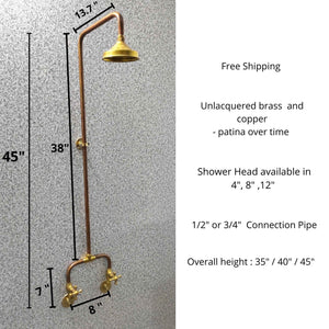 Handcrafted Copper Rainfall Outdoor Shower System with Dual Handle Valves - Wall Mounted Rustic Luxury Garden Shower FixtureHandcrafted Copper Outdoor Rainfall Shower System 