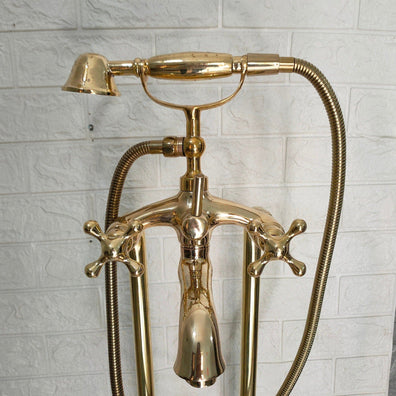 Unlaquered Brass Freestanding Tub Filler Faucet Solid Brass Freestanding Tub Filler With Hand Held, Unlacquered Brass Faucet