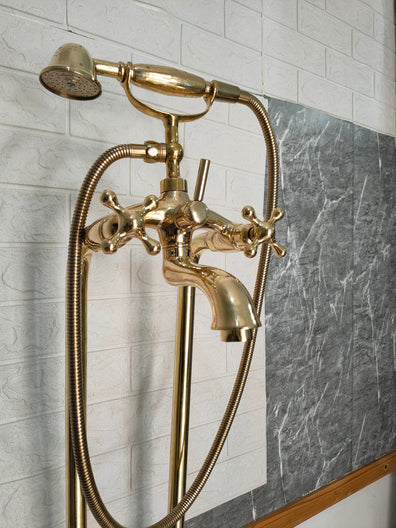 Unlaquered Brass Freestanding Tub Filler Faucet Solid Brass Freestanding Tub Filler With Hand Held, Unlacquered Brass Faucet