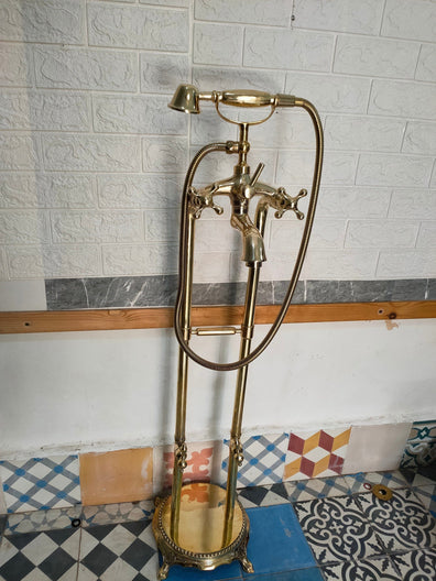 Unlaquered Brass Freestanding Tub Filler Faucet Solid Brass Freestanding Tub Filler With Hand Held, Unlacquered Brass Faucet