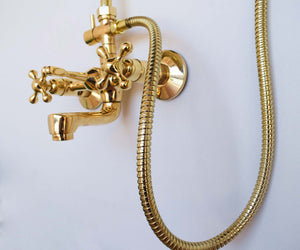 Unlacquered Brass Exposed shower system with tub spout and Handheld Shower and Rain Shower Head - Zayian