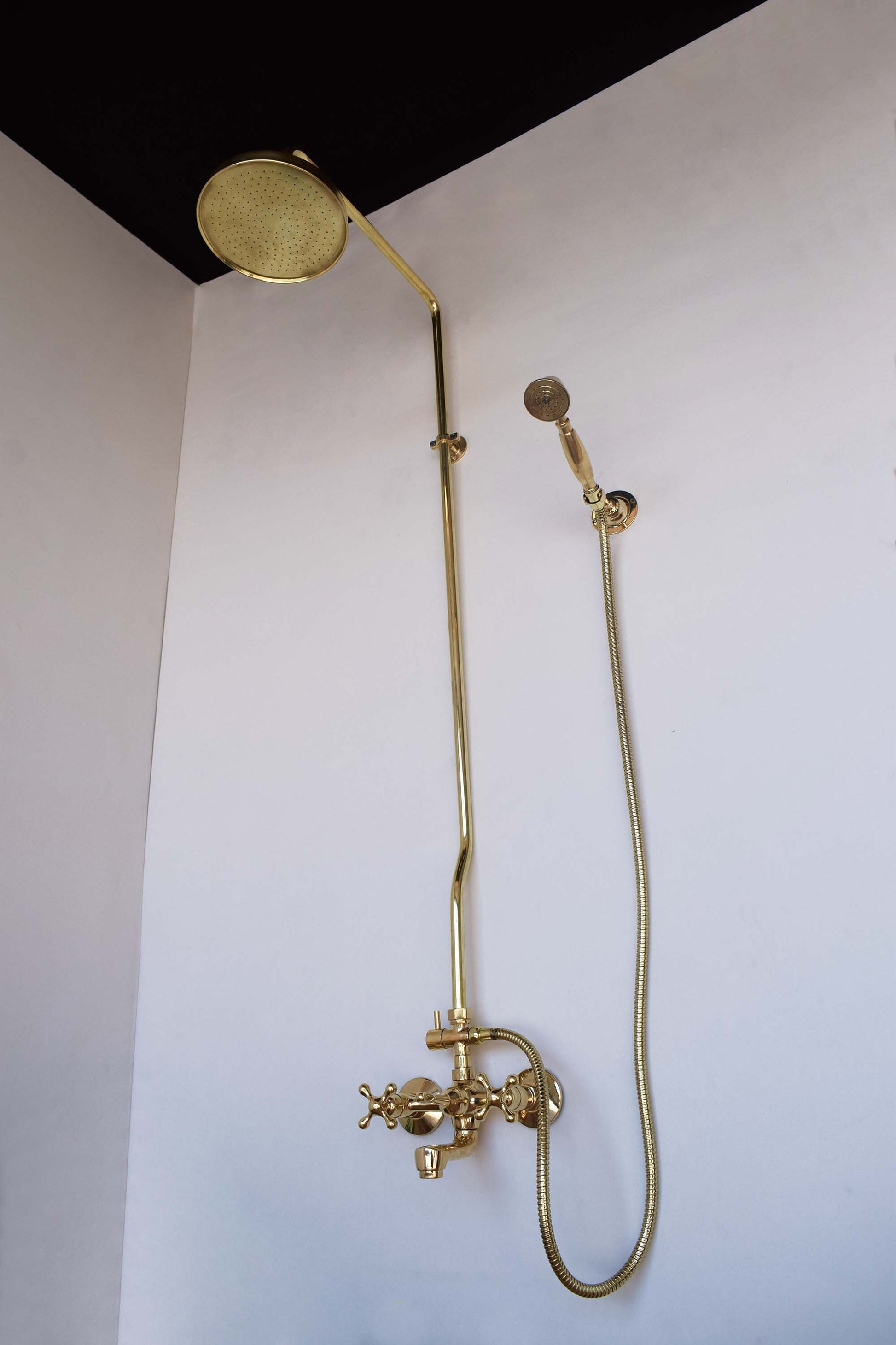 Unlacquered Brass Exposed shower system with tub spout and Handheld Shower and Rain Shower Head - Zayian