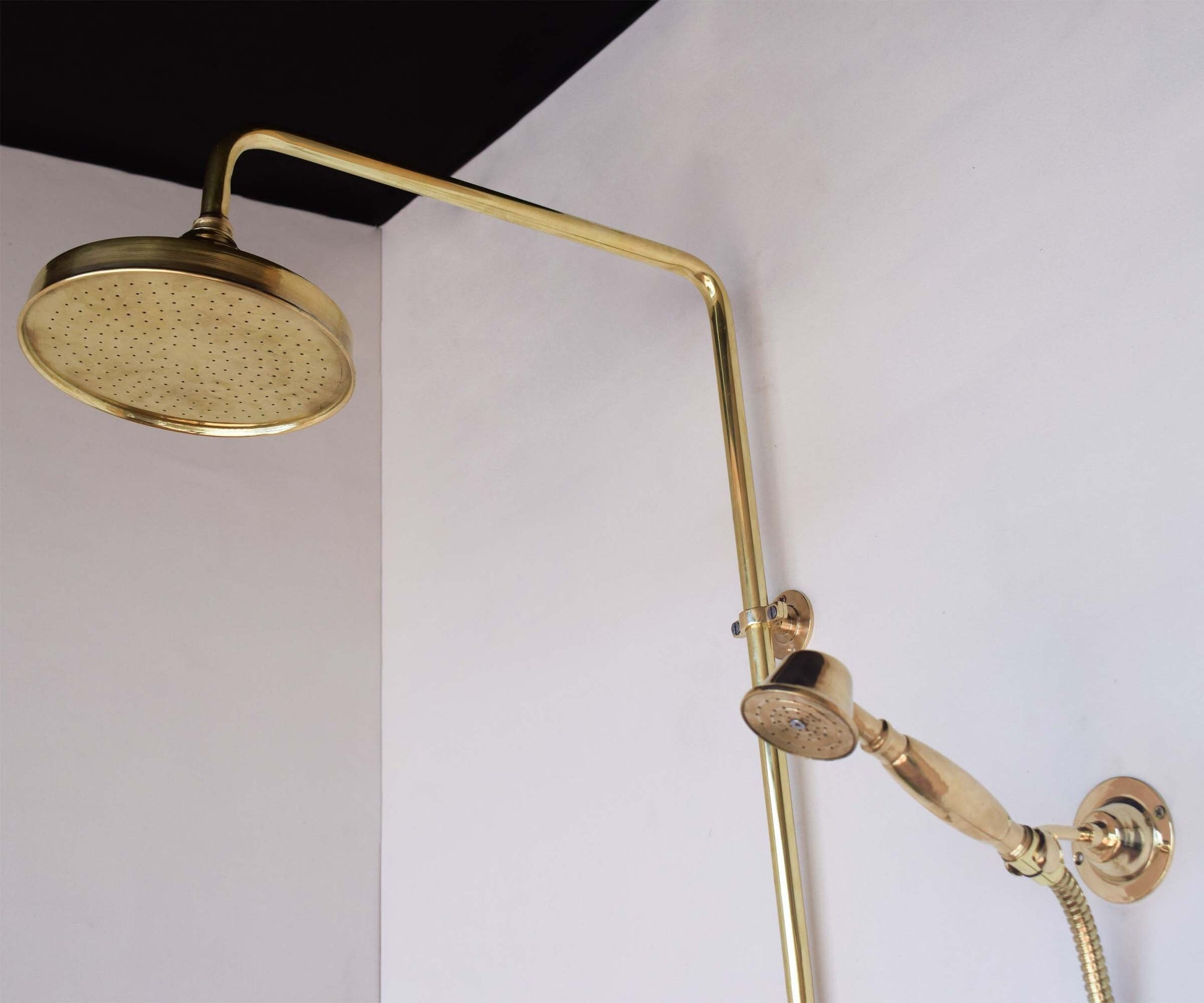 Unlacquered Brass Exposed shower system with tub spout and Handheld Shower and Rain Shower Head - Zayian